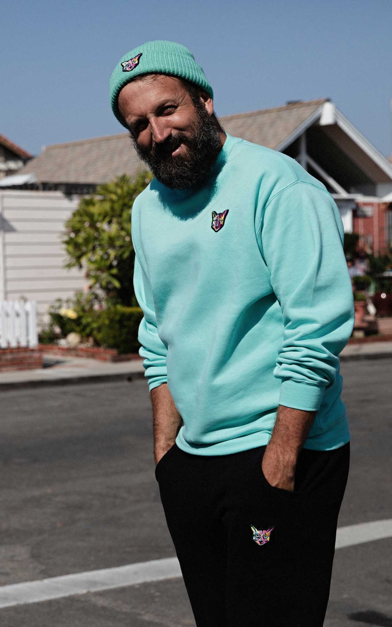 TURQUOISE SWEATSHIRT CAT - PARI USA , Wearepari, Paul Ripke, pari swim club, Newport Beach, pari