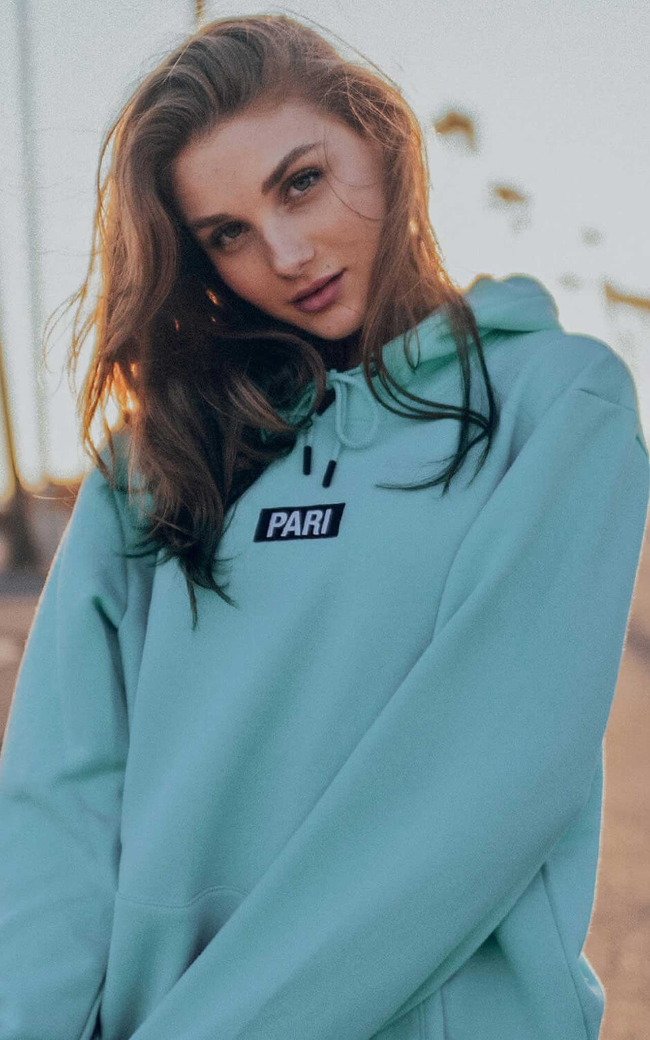 TURQUOISE HOODIE BOX LOGO - PARI USA , Wearepari, Paul Ripke, pari swim club, Newport Beach, pari