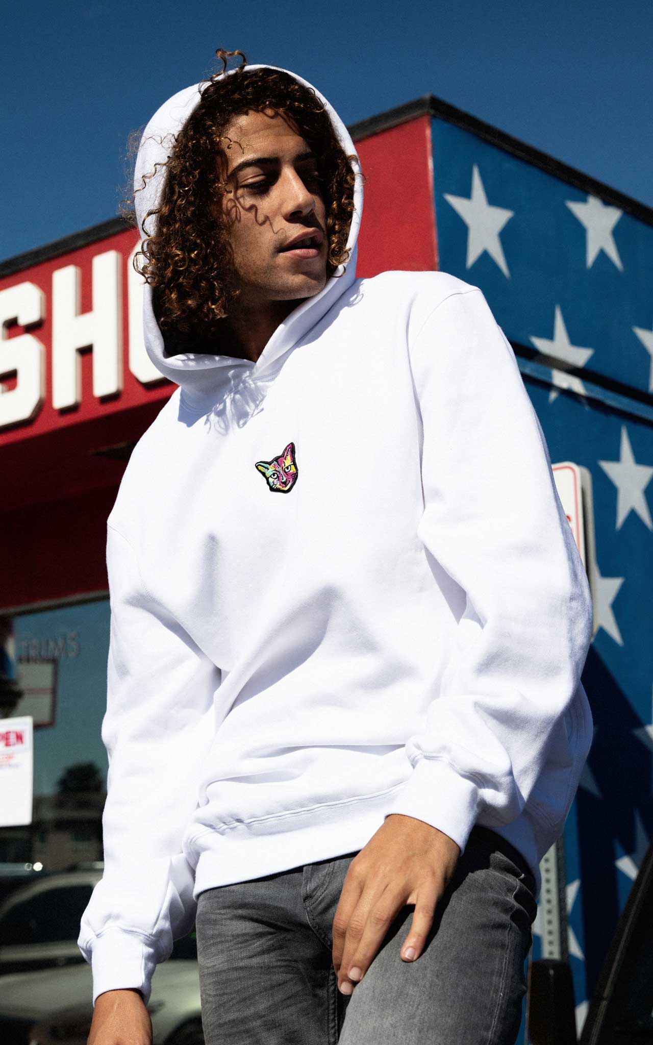 WHITE HOODIE CAT - PARI USA , Wearepari, Paul Ripke, pari swim club, Newport Beach, pari