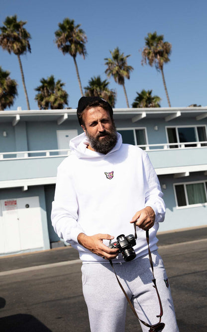 WHITE HOODIE CAT - PARI USA , Wearepari, Paul Ripke, pari swim club, Newport Beach, pari