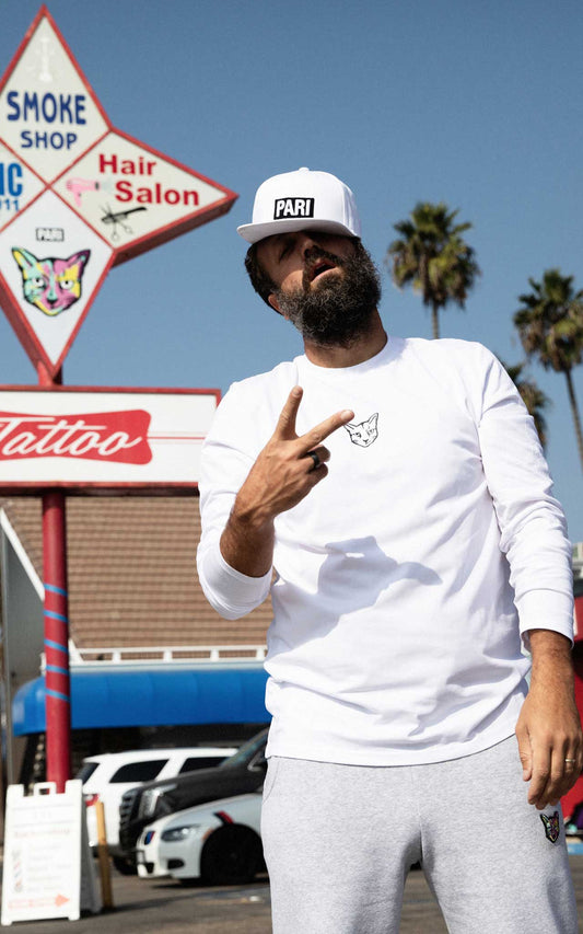 WHITE LONGSLEEVE RUBBER CAT - PARI USA , Wearepari, Paul Ripke, pari swim club, Newport Beach, pari