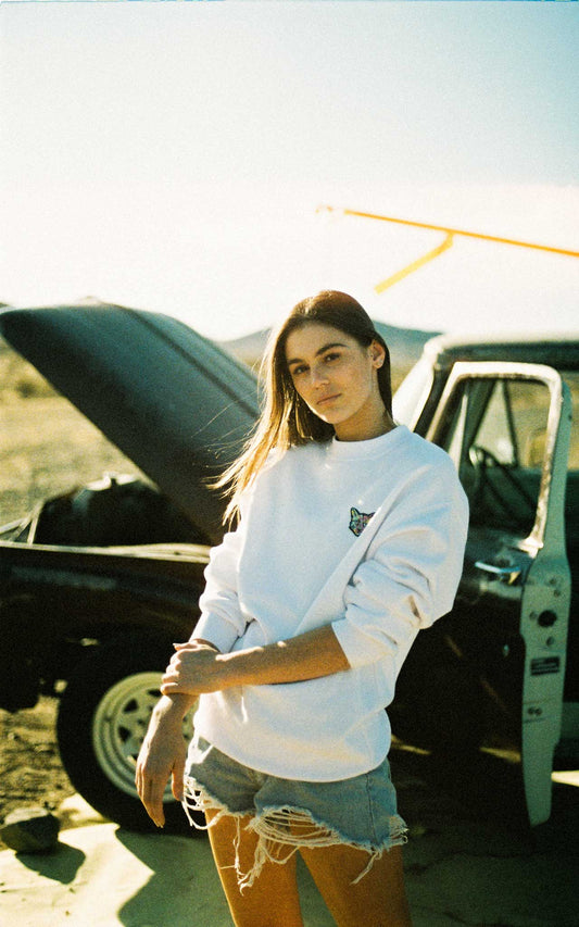 WHITE SWEATSHIRT CAT - PARI USA , Wearepari, Paul Ripke, pari swim club, Newport Beach, pari