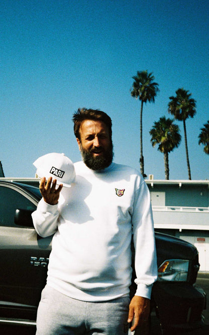 WHITE SWEATSHIRT CAT - PARI USA , Wearepari, Paul Ripke, pari swim club, Newport Beach, pari