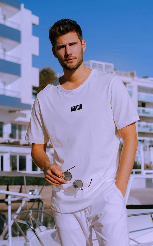 WHITE T-SHIRT BOX LOGO - PARI USA , Wearepari, Paul Ripke, pari swim club, Newport Beach, pari