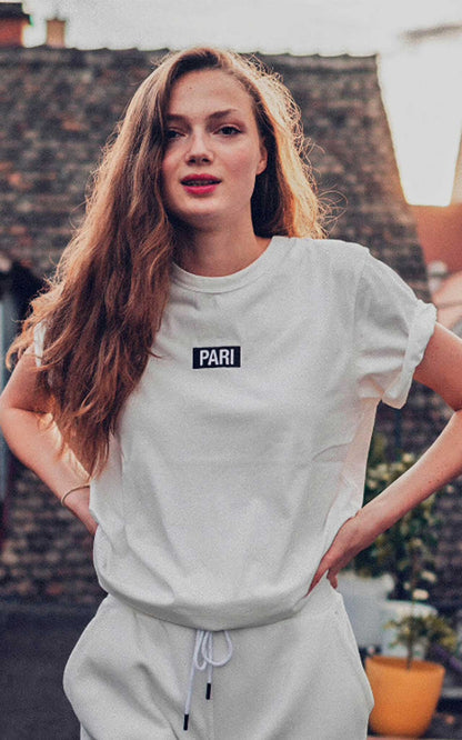 WHITE T-SHIRT BOX LOGO - PARI USA , Wearepari, Paul Ripke, pari swim club, Newport Beach, pari